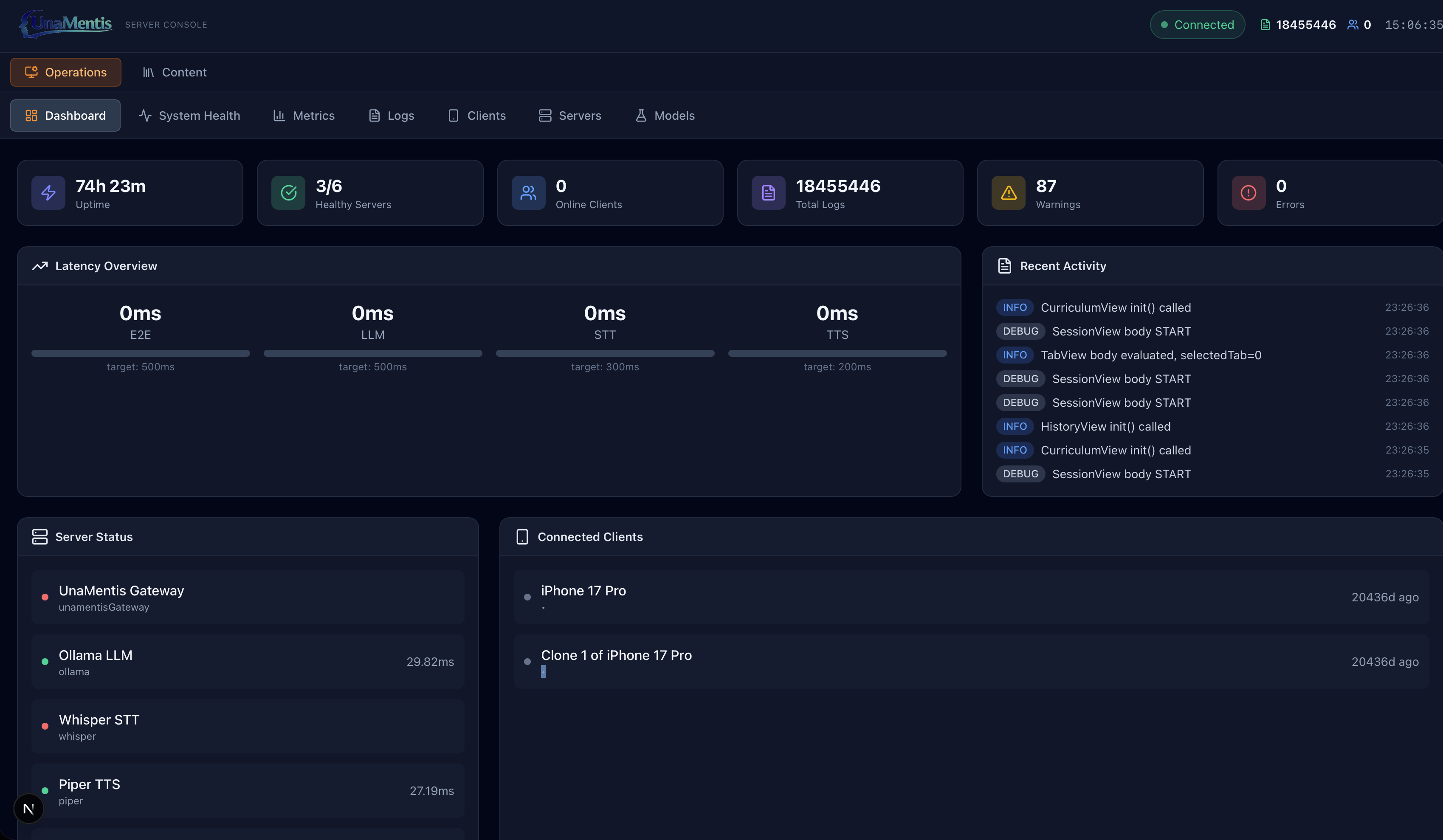 UnaMentis server console dashboard